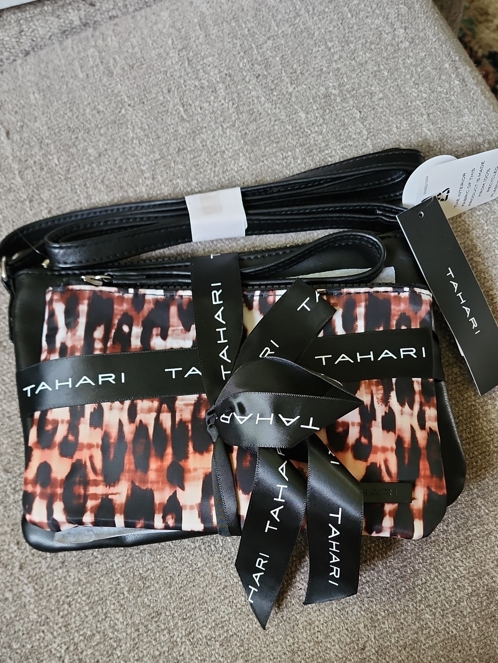 Tahari Black and Coral Patterned Crossbody Bag